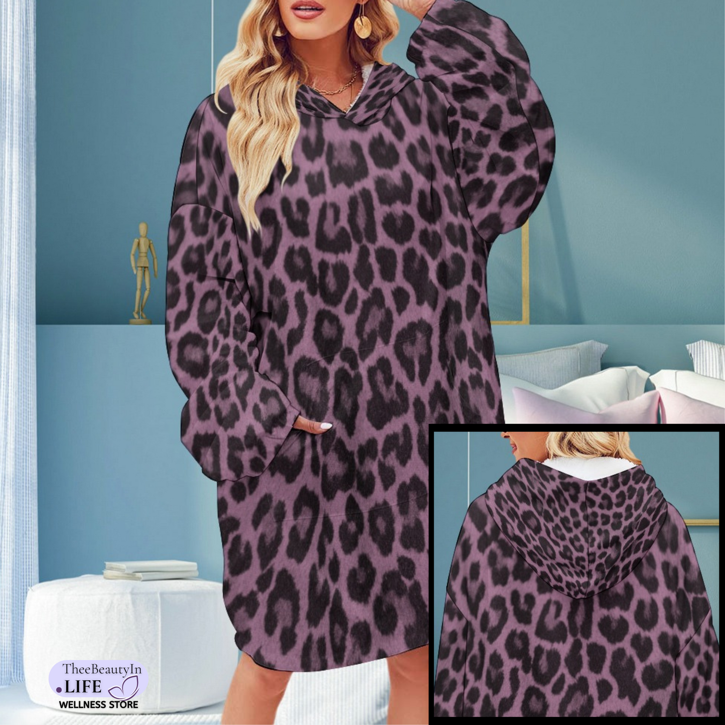 Panther Print Hoodie Robe | Custom Blanket with Sleeves and Pockets | Portable Travel Blanket |  Personalized Sweatshirt Security Blanket | Leopard Blanket | Personal Blanket