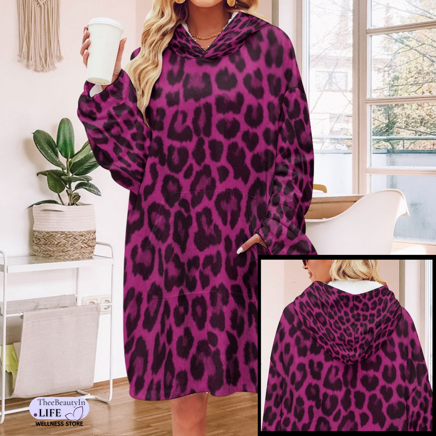 Panther Print Hoodie Robe | Custom Blanket with Sleeves and Pockets | Portable Travel Blanket |  Personalized Sweatshirt Security Blanket | Leopard Blanket | Personal Blanket