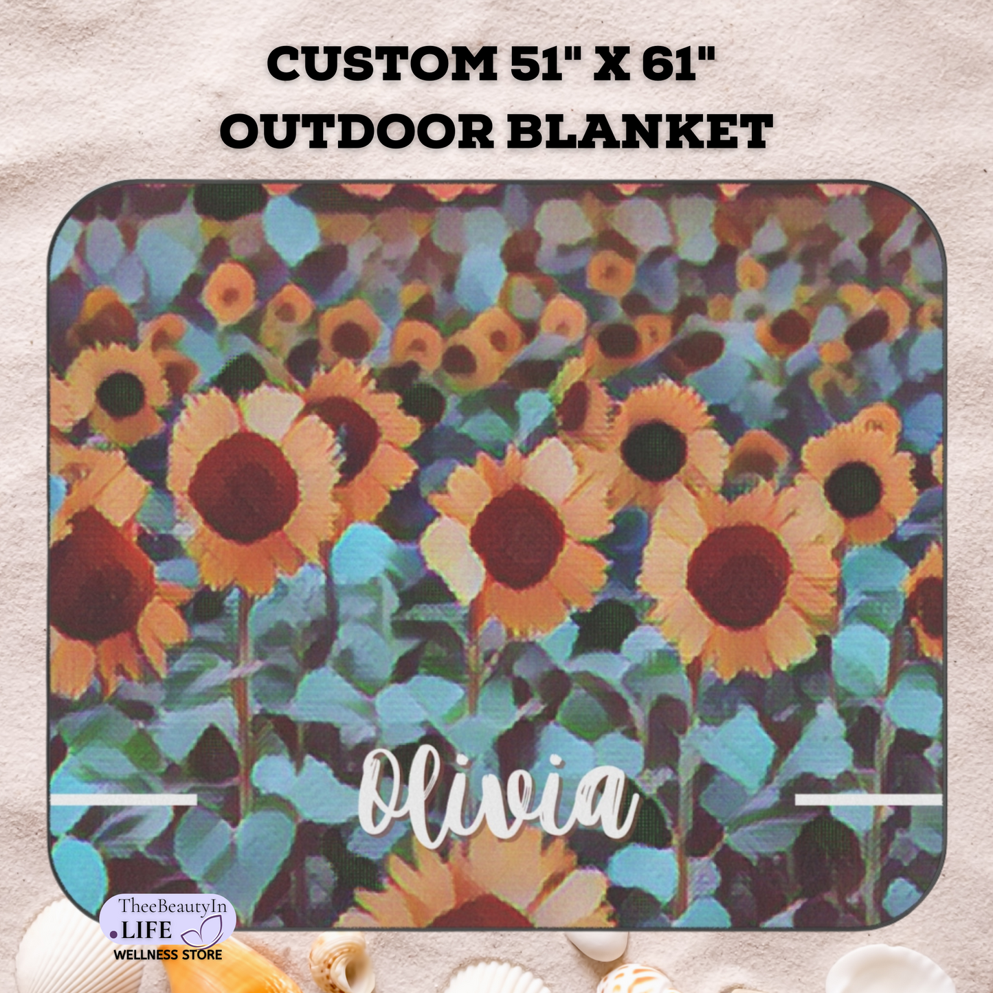 Sunflower Custom Outdoor Blanket | Concert Blanket with Flowers | Waterproof Beach Blanket | Personalized Name Stadium Blanket | Portable Blanket for College Student | Cute Watercolor Sunflower