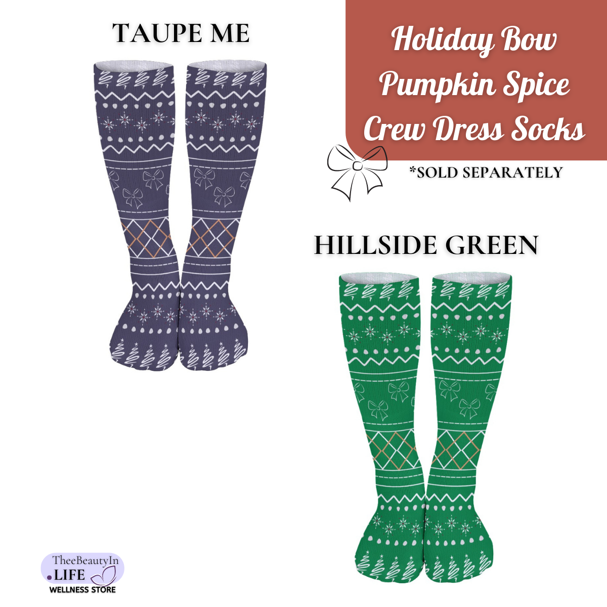 Holiday Bow Pumpkin Spice Crew Dress Socks | Christmas Themed Crew Socks | Matching Gift Sets for Women | Fun Socks with Bows | Holiday Family Socks