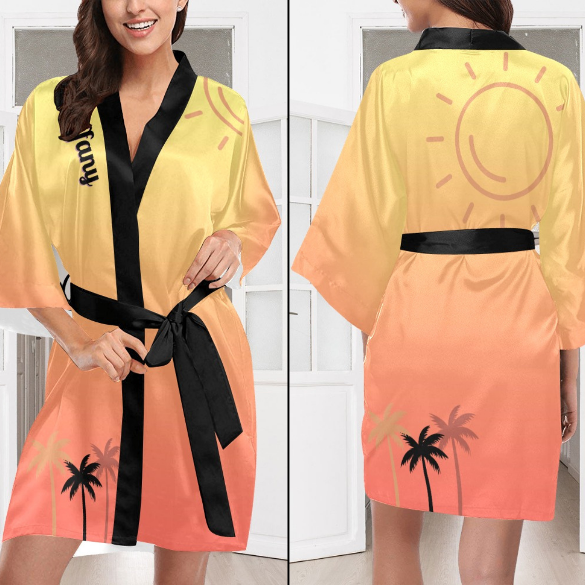 Sunset Palms Silky Satin Robe | Custom Satin Robe | Personalized Gifts | Comfortwear | Bath Robe Kimono and Slipper Sets for Women