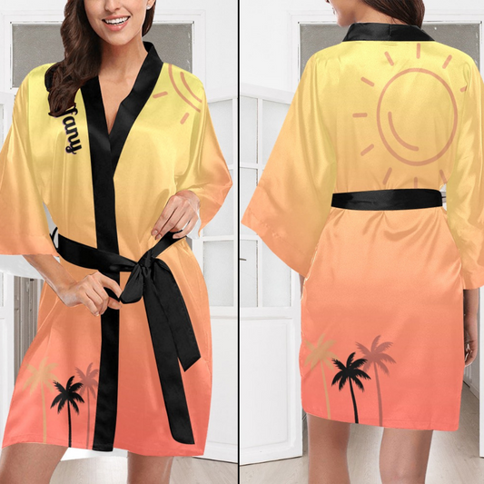 Sunset Palms Silky Satin Robe | Custom Satin Robe | Personalized Gifts | Comfortwear | Bath Robe Kimono and Slipper Sets for Women