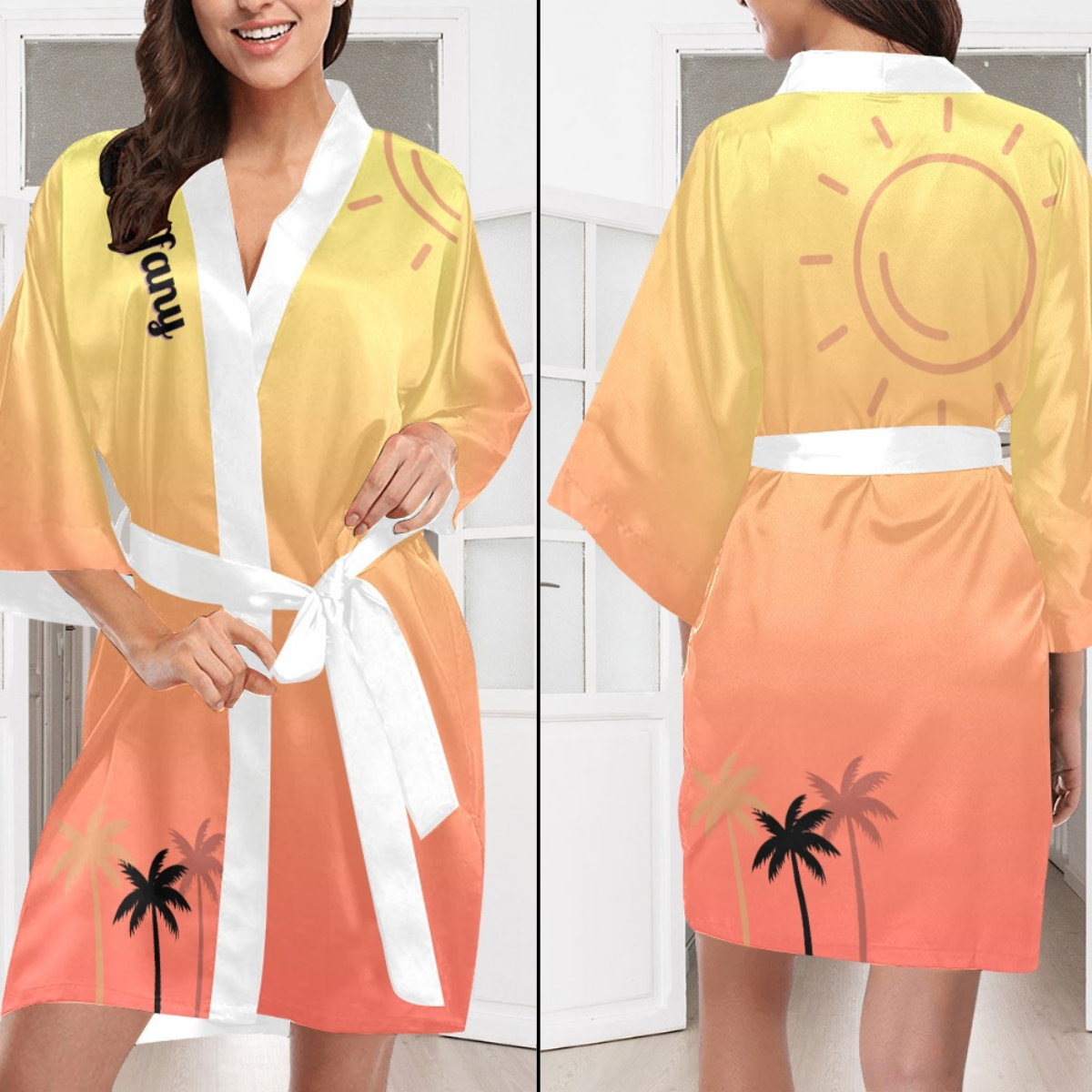 Sunset Palms Silky Satin Robe | Custom Satin Robe | Personalized Gifts | Comfortwear | Bath Robe Kimono and Slipper Sets for Women