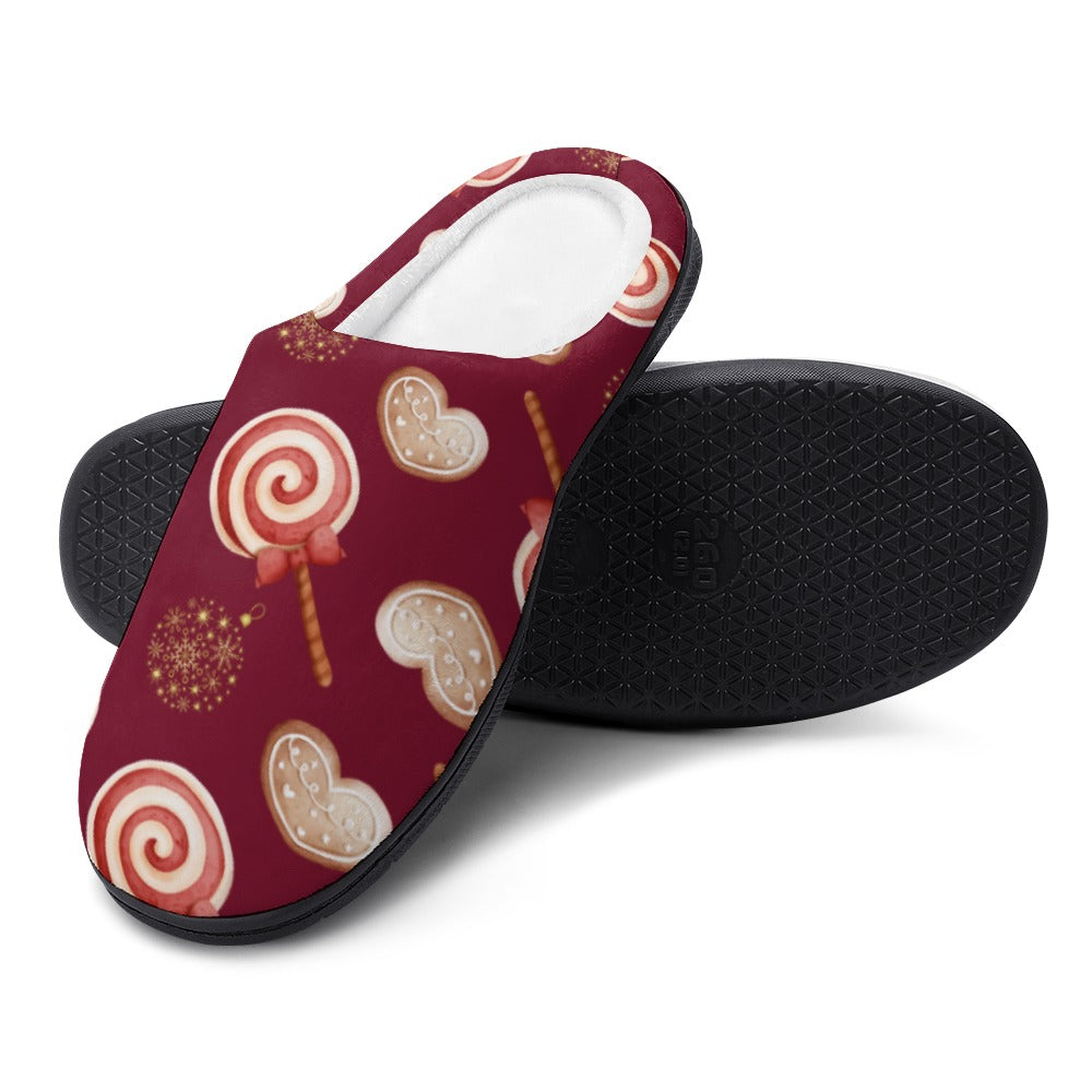 Peppermint Pop Holiday Burgundy House Shoe Slippers | Custom Slippers | Robe and Slipper Gift Sets for Women | Cute Slippers for Adults | House Shoes with Patterns