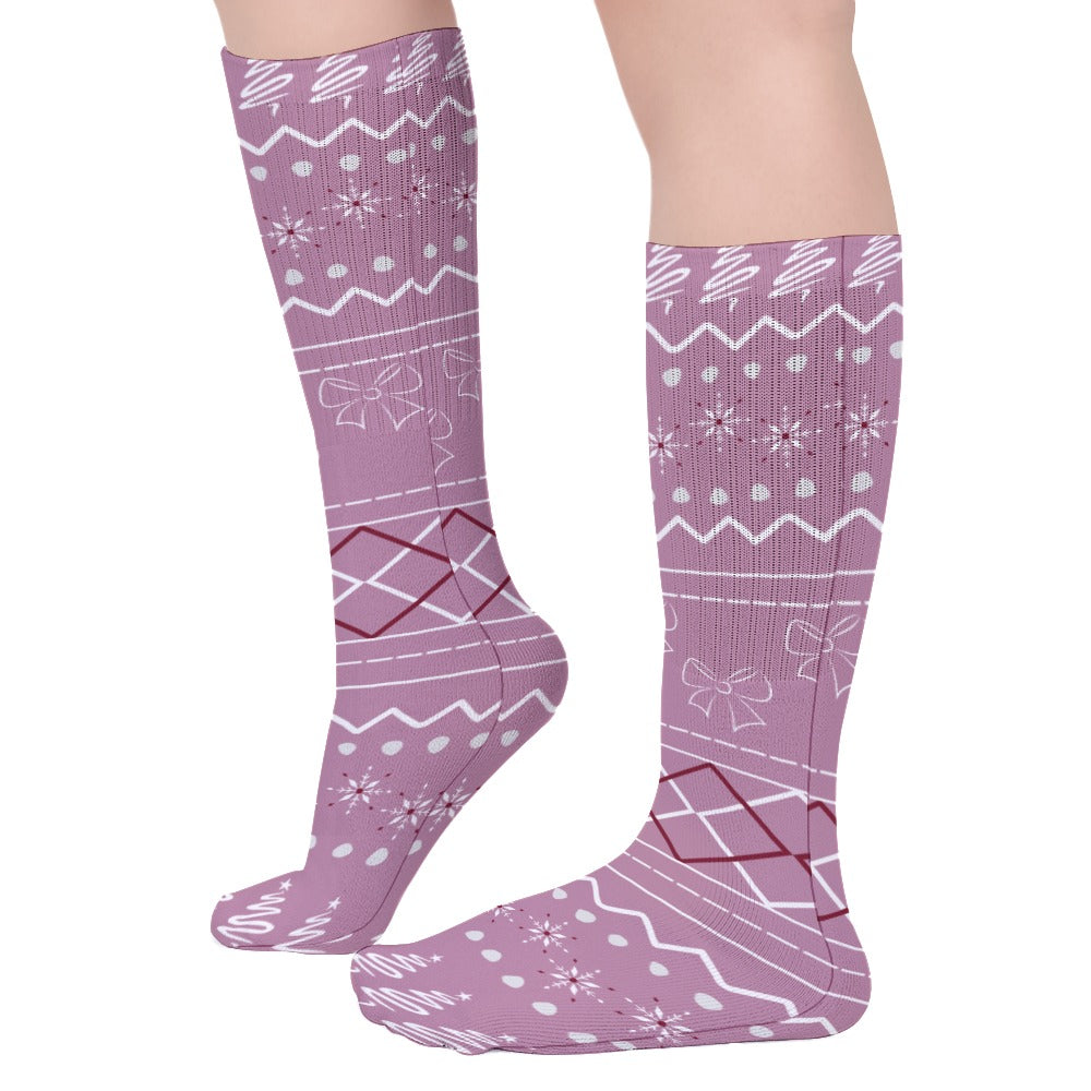 Holiday Bow Pink Crew Dress Socks | Christmas Themed Crew Socks | Argyle Pattern Socks | Matching Socks and Robes | Fun Socks with Trees