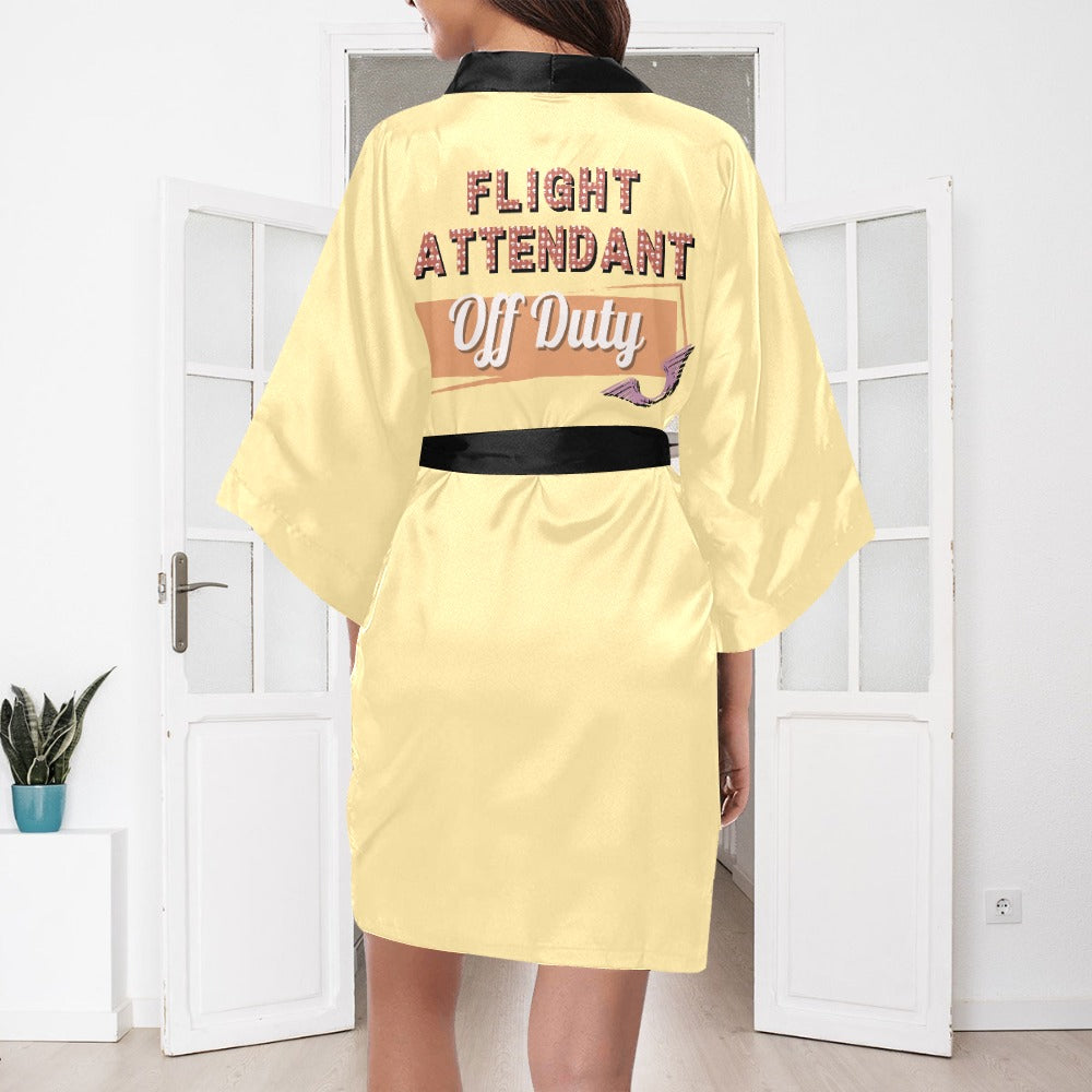 Flight Attendant Cloud Yellow Silky Satin Robe | Custom Satin Robe | Robe and Slipper Gift Sets for Women | Cute Satin Robe for Adults | Satin Robes with Patterns