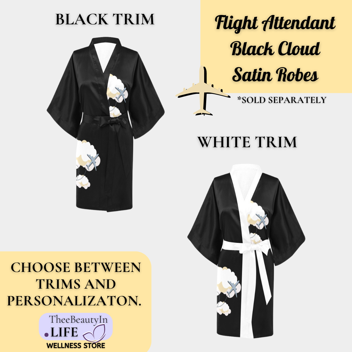 Flight Attendant Cloud Black Silky Satin Robe | Custom Satin Robe | Robe and Slipper Gift Sets for Women | Cute Satin Robe for Adults | Satin Robes with Patterns