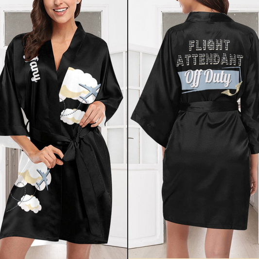 Flight Attendant Cloud Black Silky Satin Robe | Custom Satin Robe | Robe and Slipper Gift Sets for Women | Cute Satin Robe for Adults | Satin Robes with Patterns