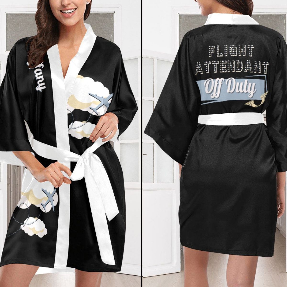 Flight Attendant Cloud Black Silky Satin Robe | Custom Satin Robe | Robe and Slipper Gift Sets for Women | Cute Satin Robe for Adults | Satin Robes with Patterns