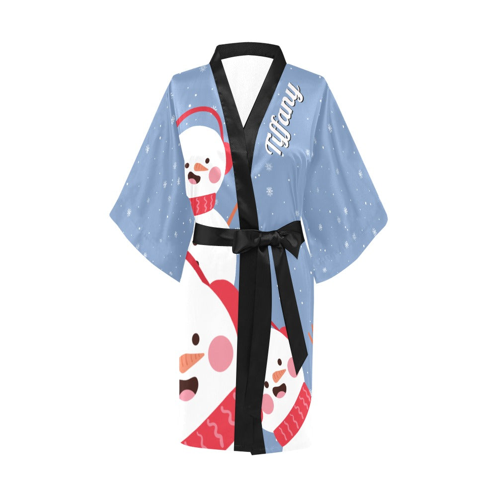 Blue Snowman Silky Satin Robe | Custom Satin Robe | Robe and Slipper Gift Sets for Women | Cute Satin Robe for Adults | Satin Robes with Patterns