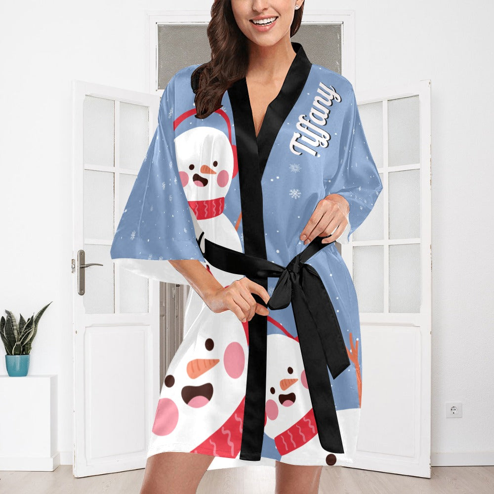 Blue Snowman Silky Satin Robe | Custom Satin Robe | Robe and Slipper Gift Sets for Women | Cute Satin Robe for Adults | Satin Robes with Patterns