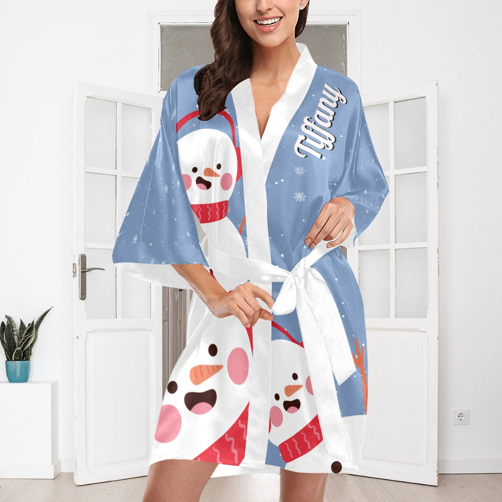 Blue Snowman Silky Satin Robe | Custom Satin Robe | Robe and Slipper Gift Sets for Women | Cute Satin Robe for Adults | Satin Robes with Patterns