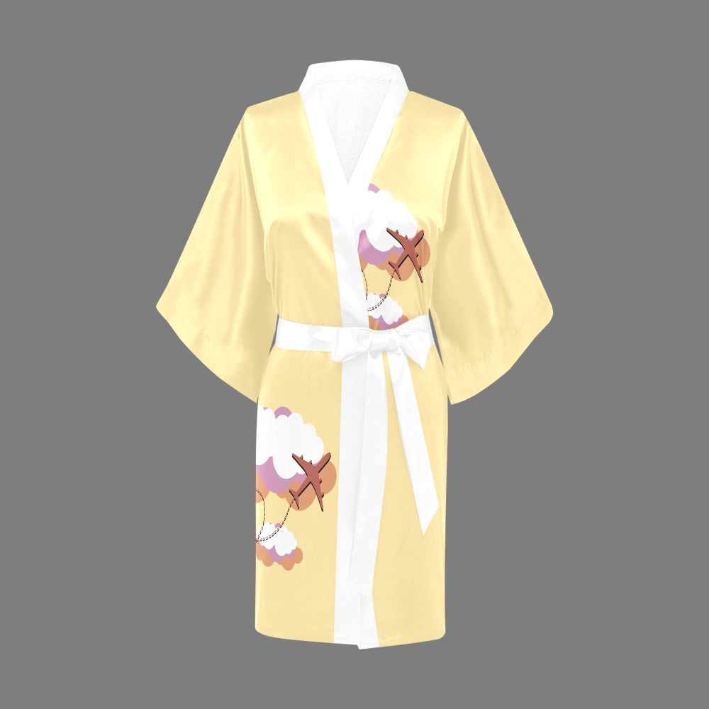 Flight Attendant Cloud Yellow Silky Satin Robe | Custom Satin Robe | Robe and Slipper Gift Sets for Women | Cute Satin Robe for Adults | Satin Robes with Patterns