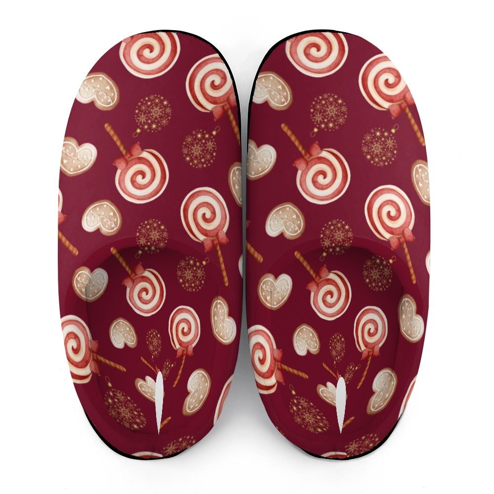 Peppermint Pop Holiday Burgundy House Shoe Slippers | Custom Slippers | Robe and Slipper Gift Sets for Women | Cute Slippers for Adults | House Shoes with Patterns