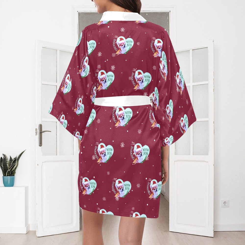 Chihuahua Holiday Burgundy Silky Satin Robe | Custom Satin Robe | Robe and Slipper Gift Sets for Women | Cute Satin Robe for Adults | Satin Robes with Patterns