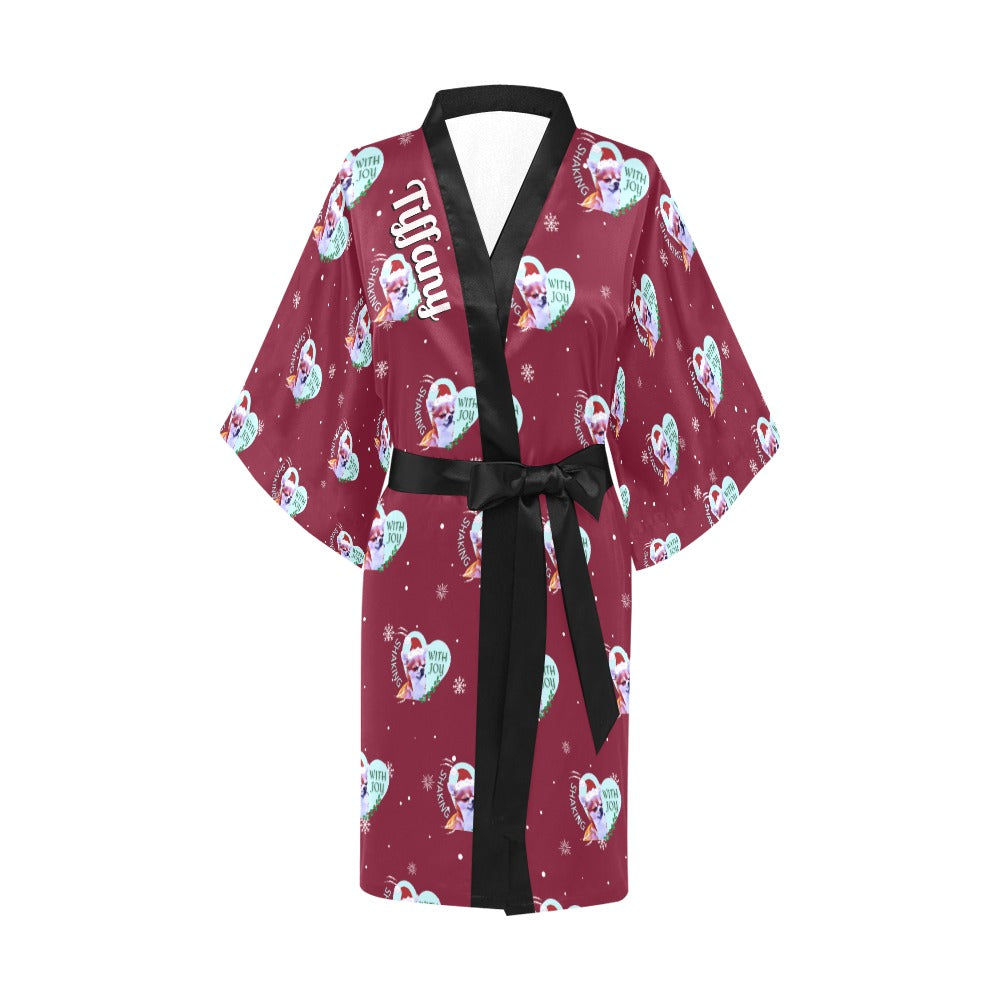 Chihuahua Holiday Burgundy Silky Satin Robe | Custom Satin Robe | Robe and Slipper Gift Sets for Women | Cute Satin Robe for Adults | Satin Robes with Patterns