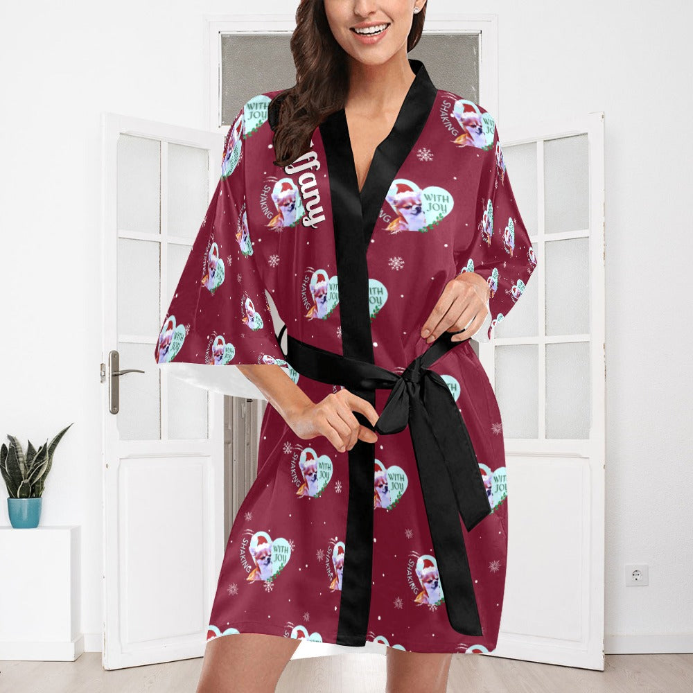 Chihuahua Holiday Burgundy Silky Satin Robe | Custom Satin Robe | Robe and Slipper Gift Sets for Women | Cute Satin Robe for Adults | Satin Robes with Patterns