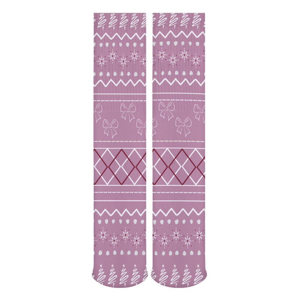 Holiday Bow Pink Crew Dress Socks | Christmas Themed Crew Socks | Argyle Pattern Socks | Matching Socks and Robes | Fun Socks with Trees