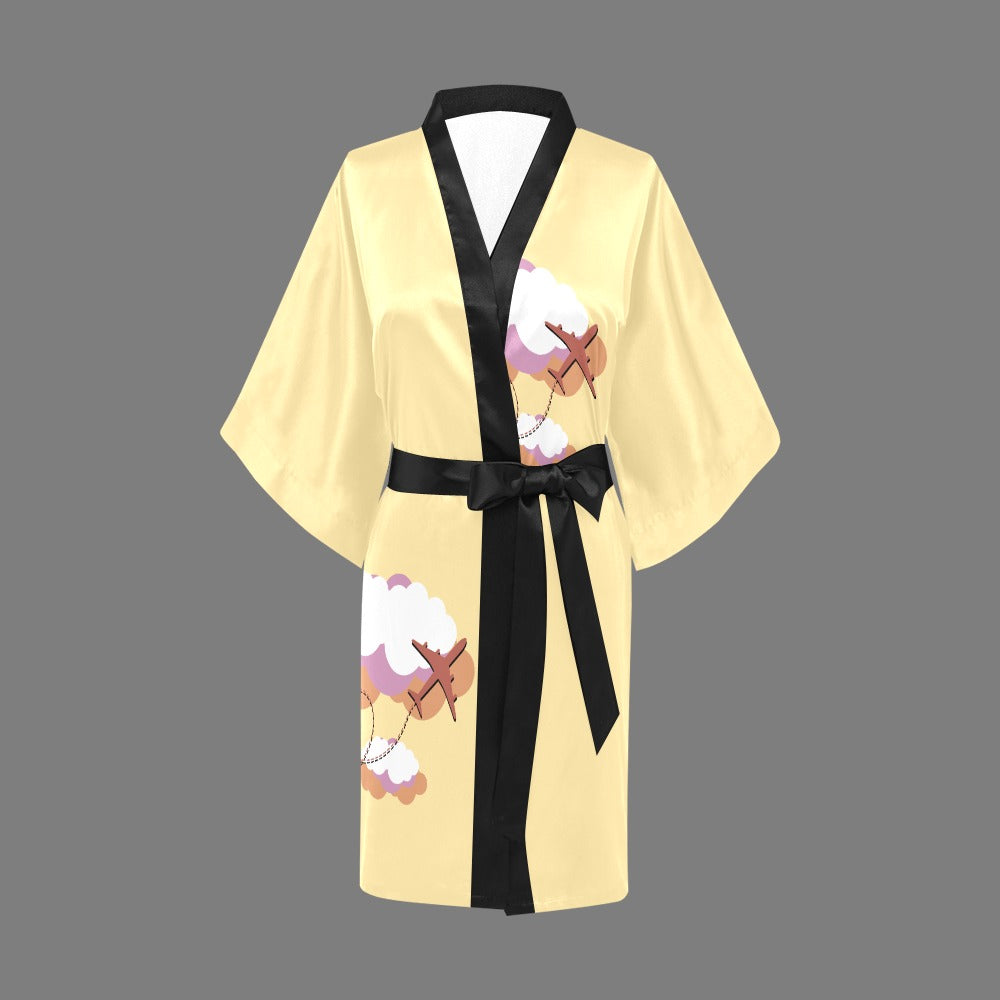 Flight Attendant Cloud Yellow Silky Satin Robe | Custom Satin Robe | Robe and Slipper Gift Sets for Women | Cute Satin Robe for Adults | Satin Robes with Patterns