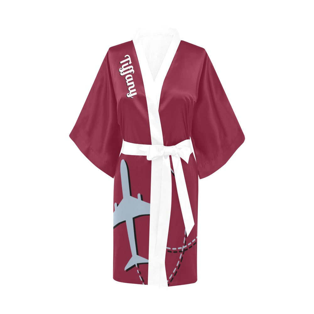 Flight Attendant Plane Burgundy Silky Satin Robe | Custom Satin Robe | Robe and Slipper Gift Sets for Women | Cute Satin Robe for Adults | Satin Robes with Patterns