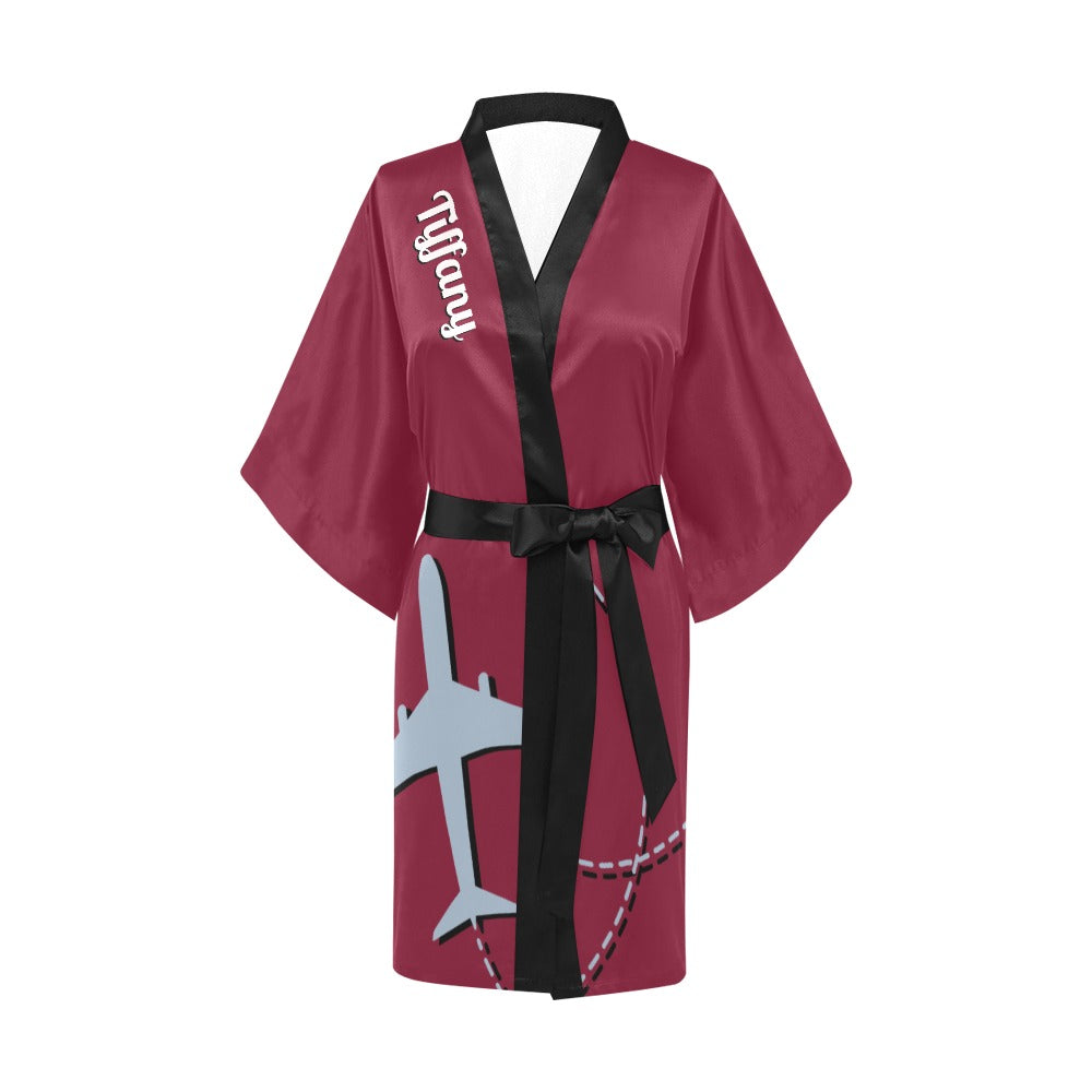 Flight Attendant Plane Burgundy Silky Satin Robe | Custom Satin Robe | Robe and Slipper Gift Sets for Women | Cute Satin Robe for Adults | Satin Robes with Patterns