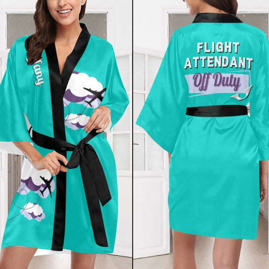 Flight Attendant Cloud Mint Silky Satin Robe | Custom Satin Robe | Robe and Slipper Gift Sets for Women | Cute Satin Robe for Adults | Satin Robes with Patterns