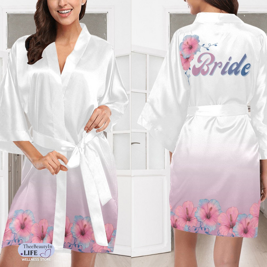 Hibiscus Bridal Silky Satin Robe | White Bride Robe with Floral Aesthetic | Bridal Dressing Gown | Hibiscus Flower Kimono Robe | Wedding Robe for Getting Ready or Wedding Night