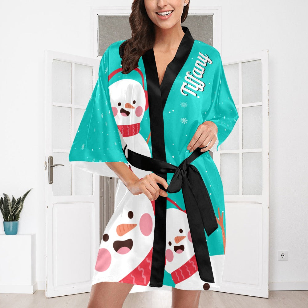 Mint Snowman Silky Satin Robe | Custom Satin Robe | Robe and Slipper Gift Sets for Women | Cute Satin Robe for Adults | Satin Robes with Patterns