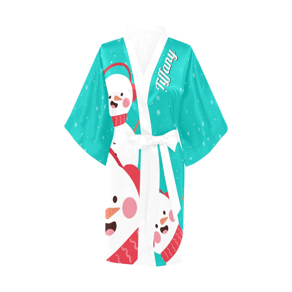 Mint Snowman Silky Satin Robe | Custom Satin Robe | Robe and Slipper Gift Sets for Women | Cute Satin Robe for Adults | Satin Robes with Patterns