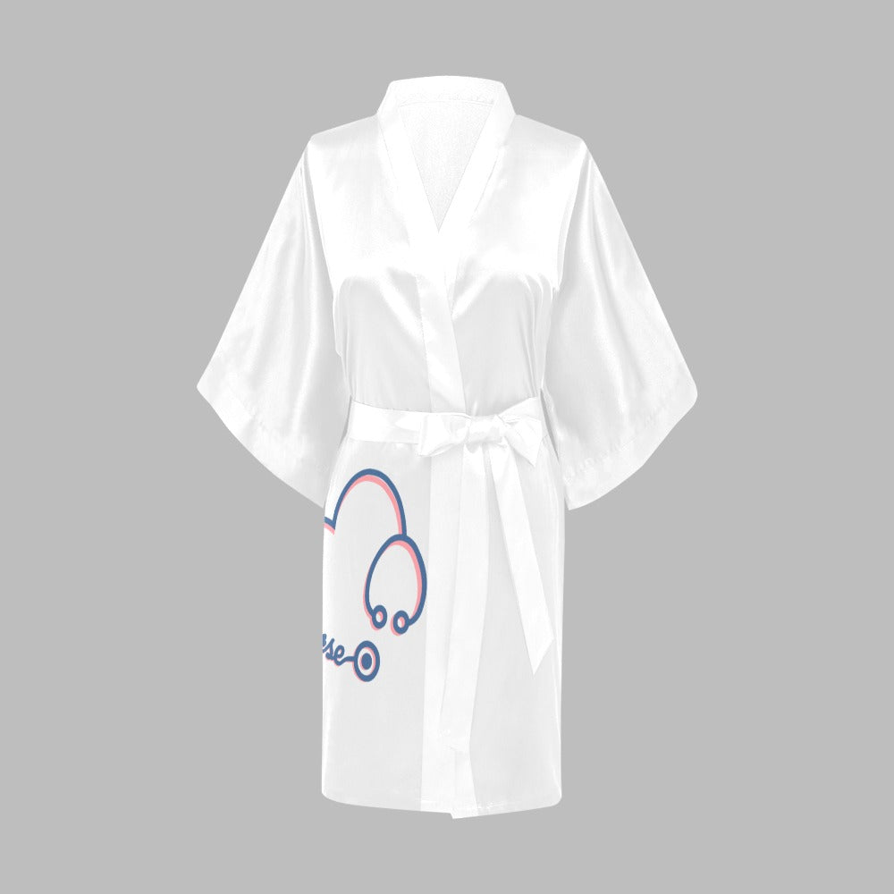 Nurse Stethoscope White Silky Satin Robe | Custom Satin Robe | Personalized Gifts | Comfortwear | Bath Robe Kimono and Slipper Sets for Women