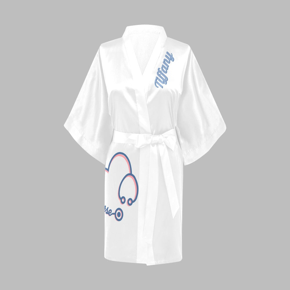 Nurse Stethoscope White Silky Satin Robe | Custom Satin Robe | Personalized Gifts | Comfortwear | Bath Robe Kimono and Slipper Sets for Women