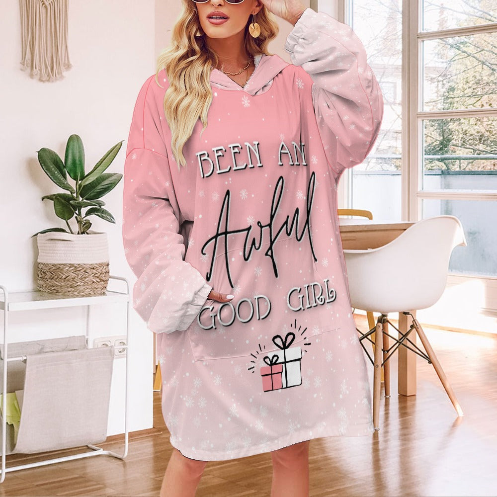 Good Girl Holiday Pink Hoodie Robe | Personalized Hooded Blanket Christmas | Fun Hooded Robe With Pockets | Pajama Gift Sets for Women