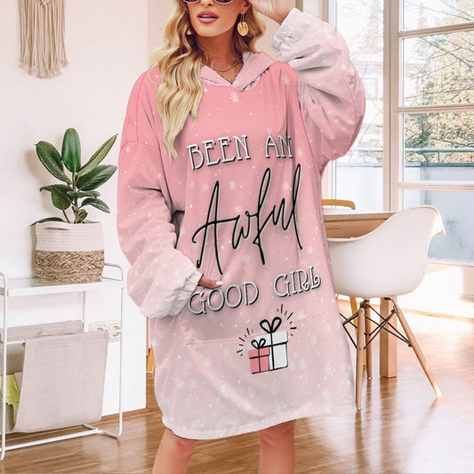 Good Girl Holiday Pink Hoodie Robe | Personalized Hooded Blanket Christmas | Fun Hooded Robe With Pockets | Pajama Gift Sets for Women