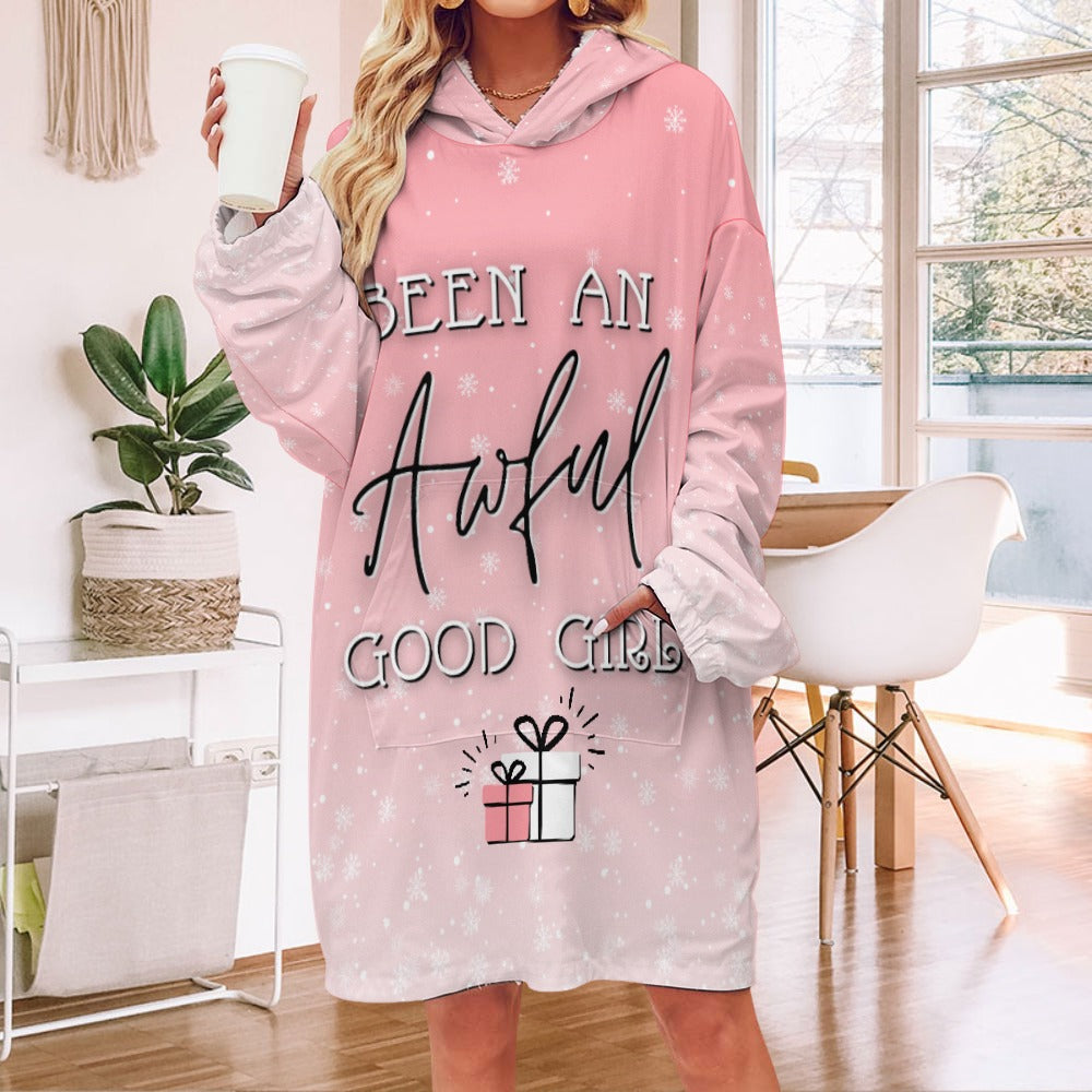 Good Girl Holiday Pink Hoodie Robe | Personalized Hooded Blanket Christmas | Fun Hooded Robe With Pockets | Pajama Gift Sets for Women