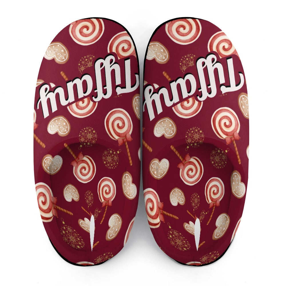 Peppermint Pop Holiday Burgundy House Shoe Slippers | Custom Slippers | Robe and Slipper Gift Sets for Women | Cute Slippers for Adults | House Shoes with Patterns