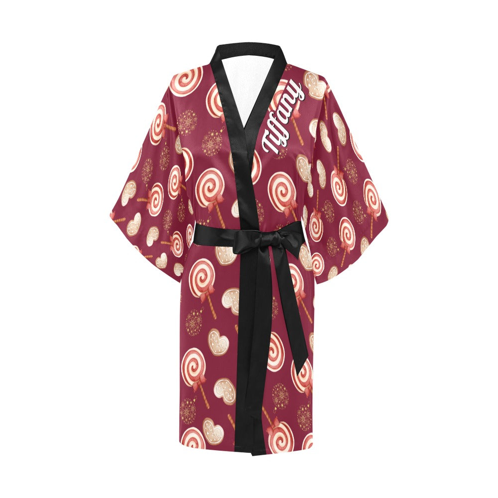 Peppermint Pop Holiday Burgundy Silky Satin Robe | Custom Satin Robe | Robe and Slipper Gift Sets for Women | Cute Satin Robe for Adults | Satin Robes with Patterns