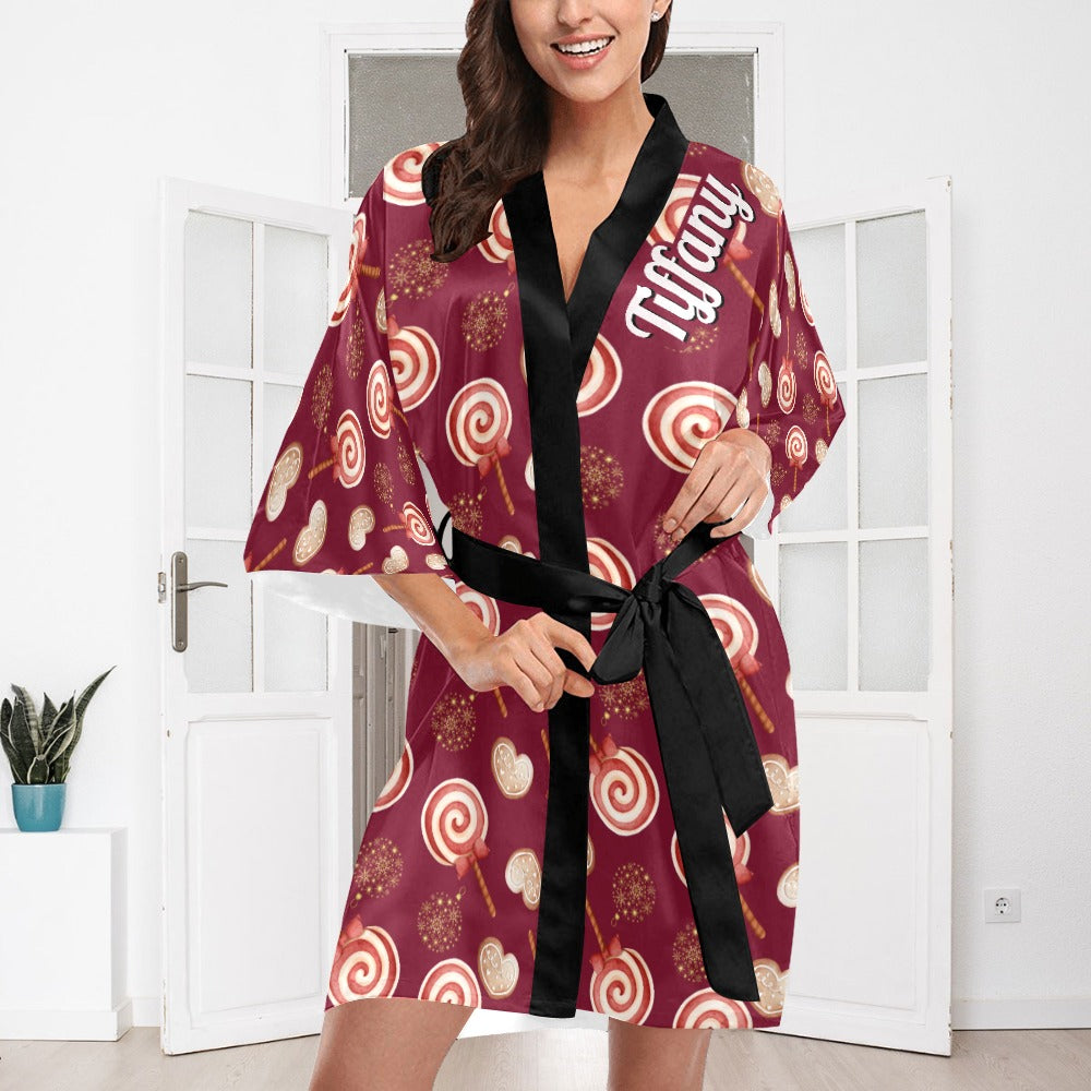 Peppermint Pop Holiday Burgundy Silky Satin Robe | Custom Satin Robe | Robe and Slipper Gift Sets for Women | Cute Satin Robe for Adults | Satin Robes with Patterns