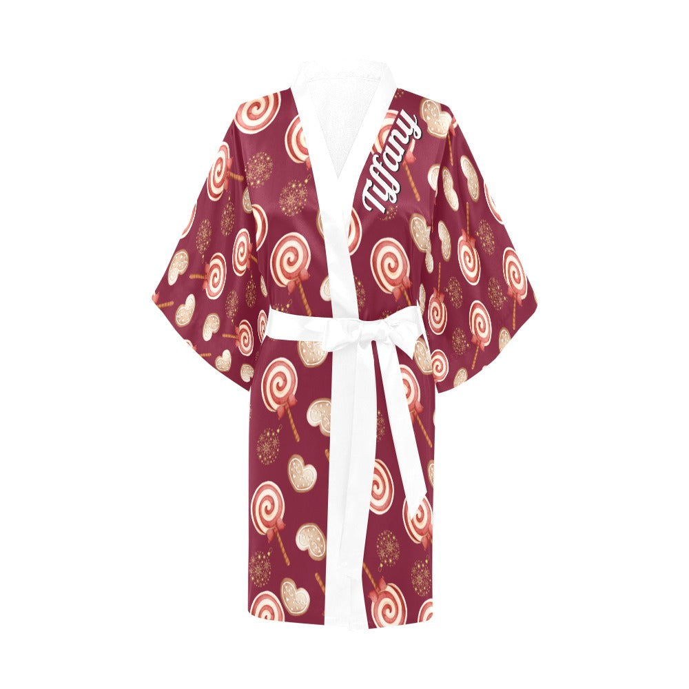 Peppermint Pop Holiday Burgundy Silky Satin Robe | Custom Satin Robe | Robe and Slipper Gift Sets for Women | Cute Satin Robe for Adults | Satin Robes with Patterns