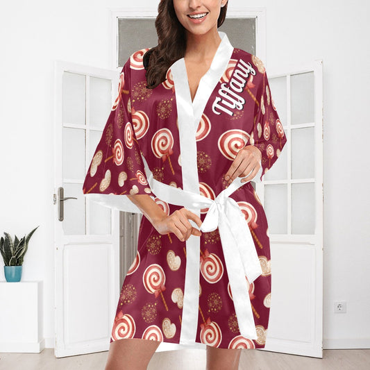 Peppermint Pop Holiday Burgundy Silky Satin Robe | Custom Satin Robe | Robe and Slipper Gift Sets for Women | Cute Satin Robe for Adults | Satin Robes with Patterns