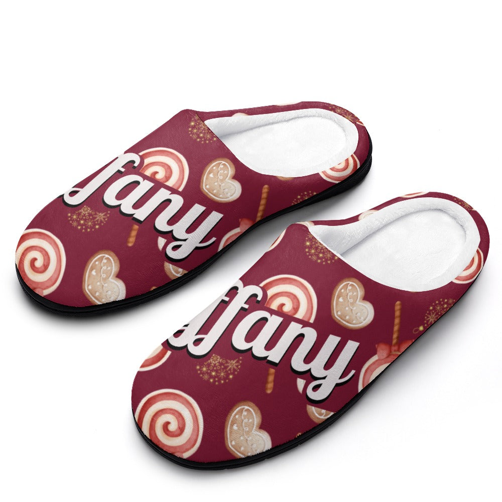 Peppermint Pop Holiday Burgundy House Shoe Slippers | Custom Slippers | Robe and Slipper Gift Sets for Women | Cute Slippers for Adults | House Shoes with Patterns