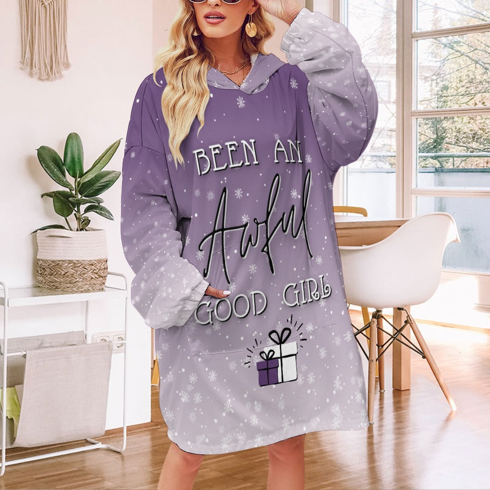 Good Girl Holiday Purple Hoodie Robe | Personalized Blanket Christmas | Fun Hooded Robe With Sleeves | Pajama and Slipper Gift Sets for Women