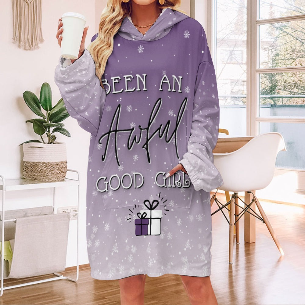 Good Girl Holiday Purple Hoodie Robe | Personalized Blanket Christmas | Fun Hooded Robe With Sleeves | Pajama and Slipper Gift Sets for Women