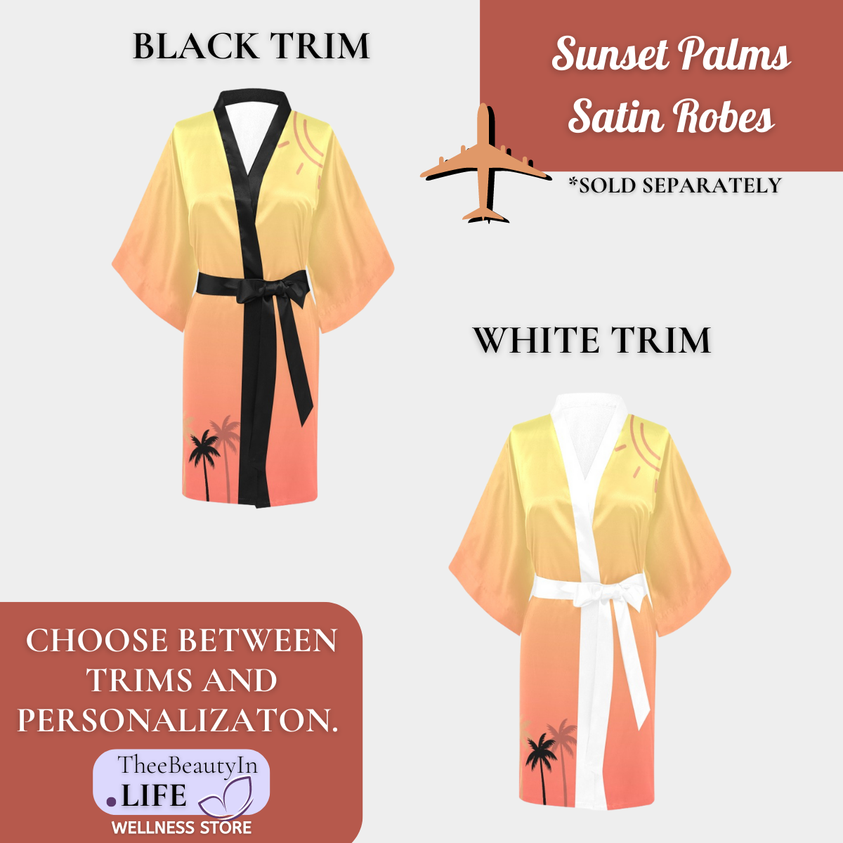 Sunset Palms Silky Satin Robe | Custom Satin Robe | Personalized Gifts | Comfortwear | Bath Robe Kimono and Slipper Sets for Women