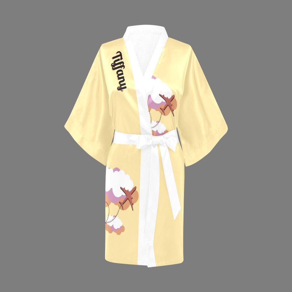 Flight Attendant Cloud Yellow Silky Satin Robe | Custom Satin Robe | Robe and Slipper Gift Sets for Women | Cute Satin Robe for Adults | Satin Robes with Patterns